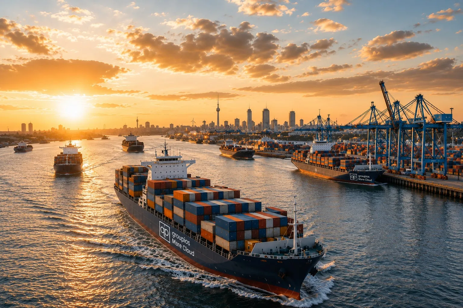 Container port at sunset