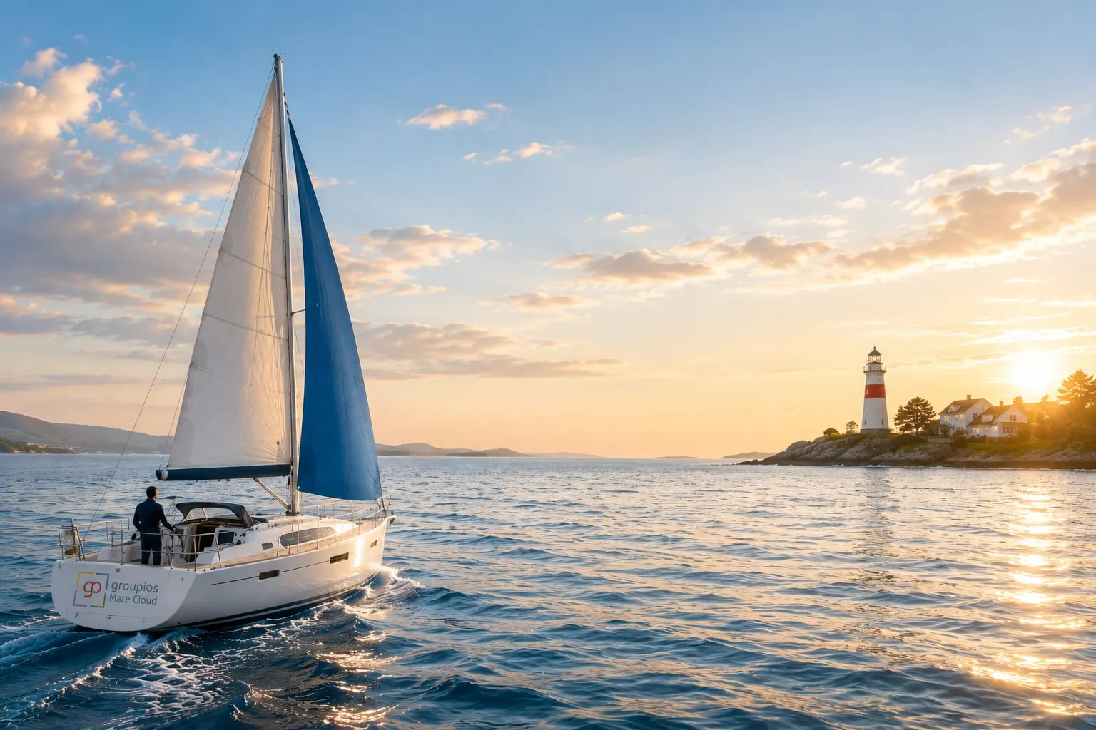 Sailboat at sunset in front of a lighthouse