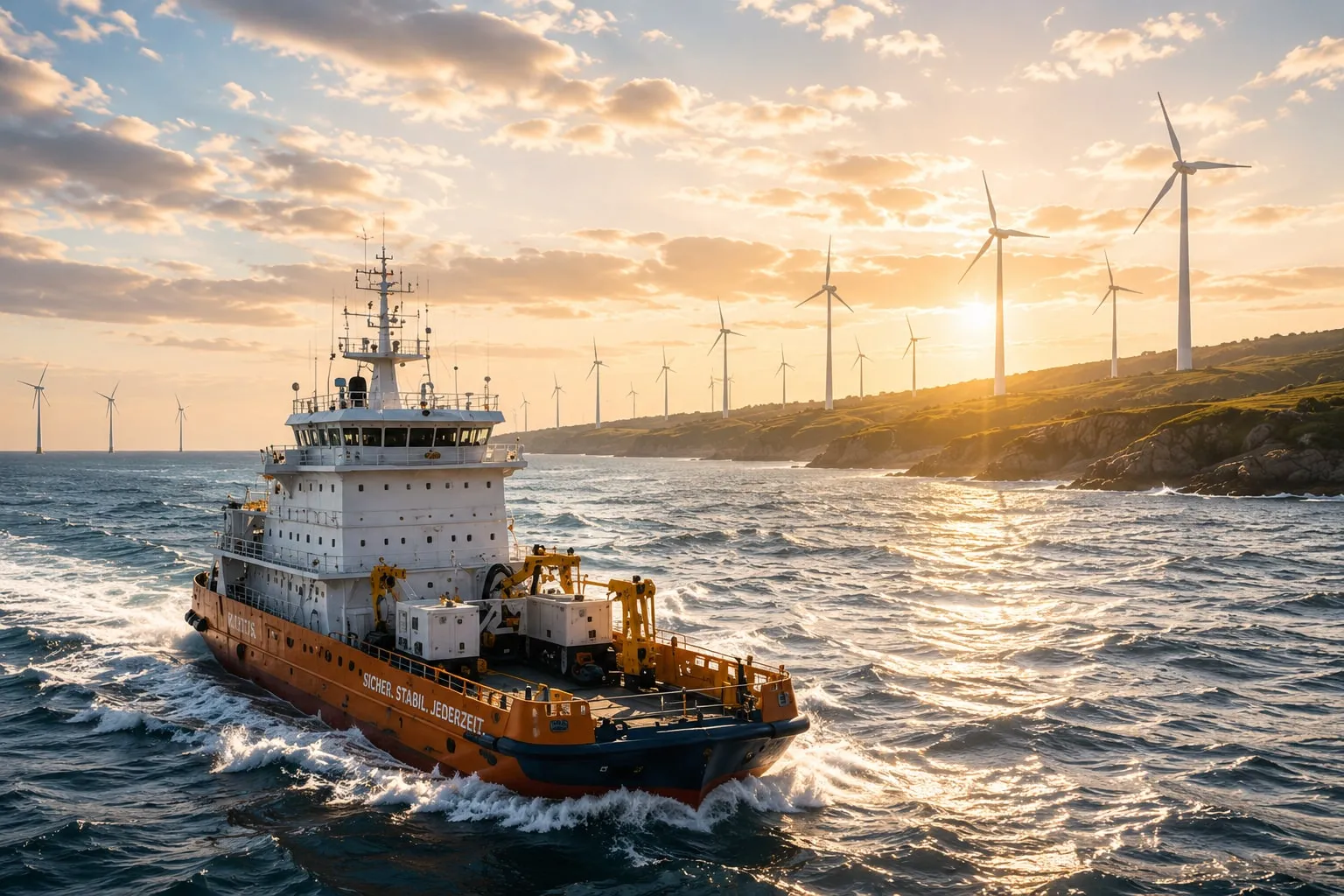 Tugboat in front of wind turbines at sunset