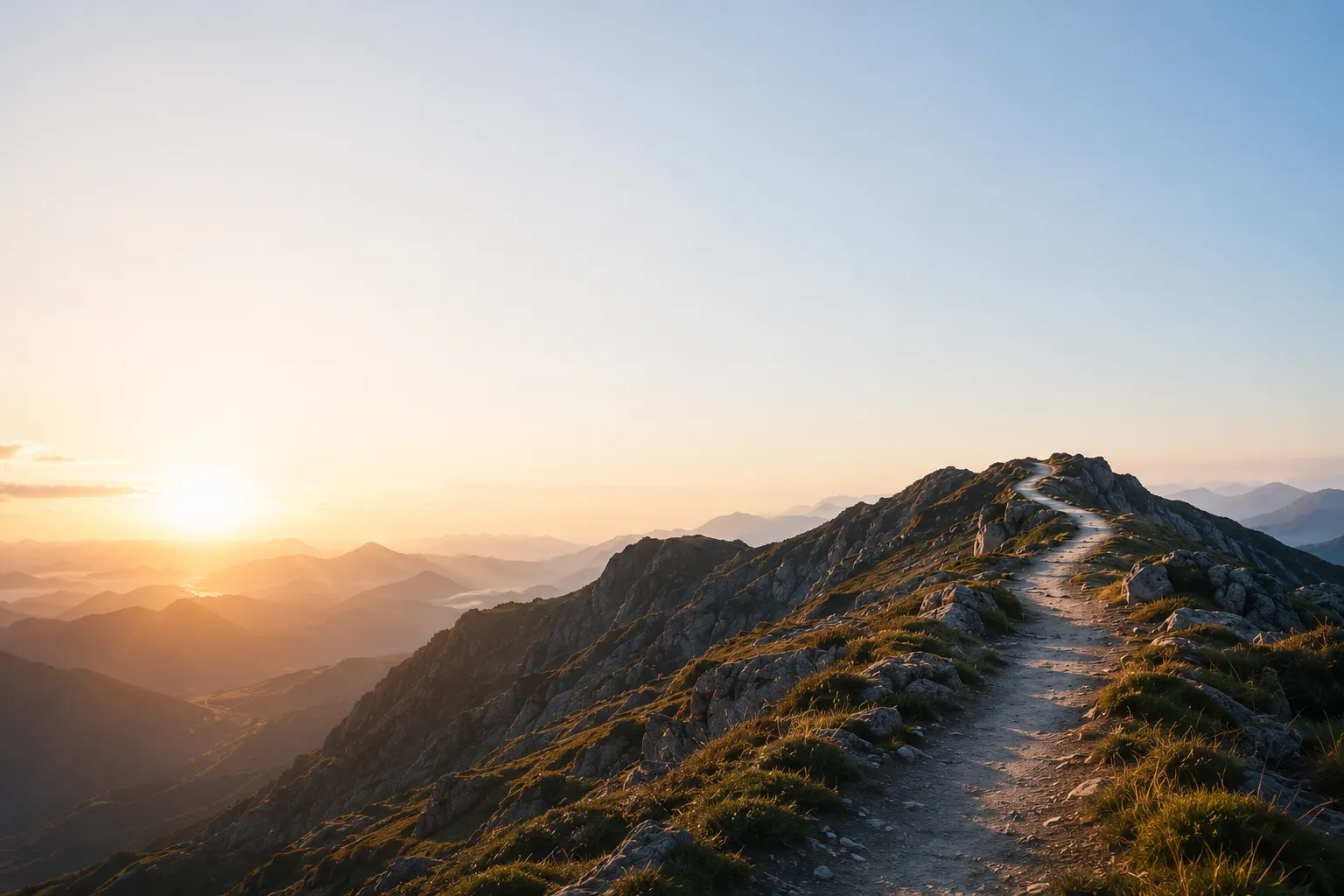 Mountain trail in morning light, leading over a ridge into the distance.