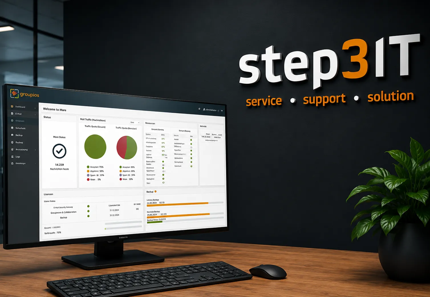 Workstation with the groupios Mare Cloud in front of the step3IT GmbH logo